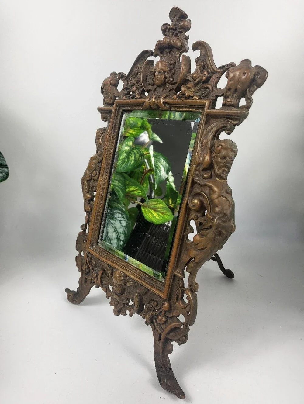 Antique Brass Mirror w/Easel- Late 19th Century High Relief Bacchus Mask Baroque